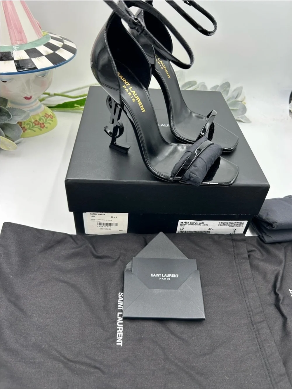 Saint Laurent YSL  Black Patent  Opyum Logo-Heel Ankle-Strap Sandals. Size 37.5